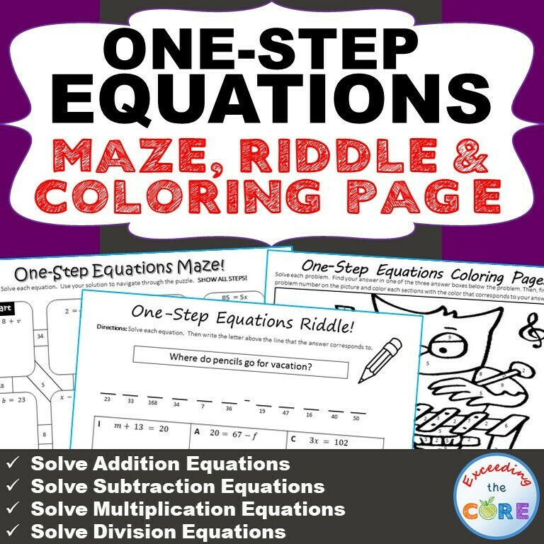 ONE-STEP EQUATIONS Maze, Riddle & Coloring Page
