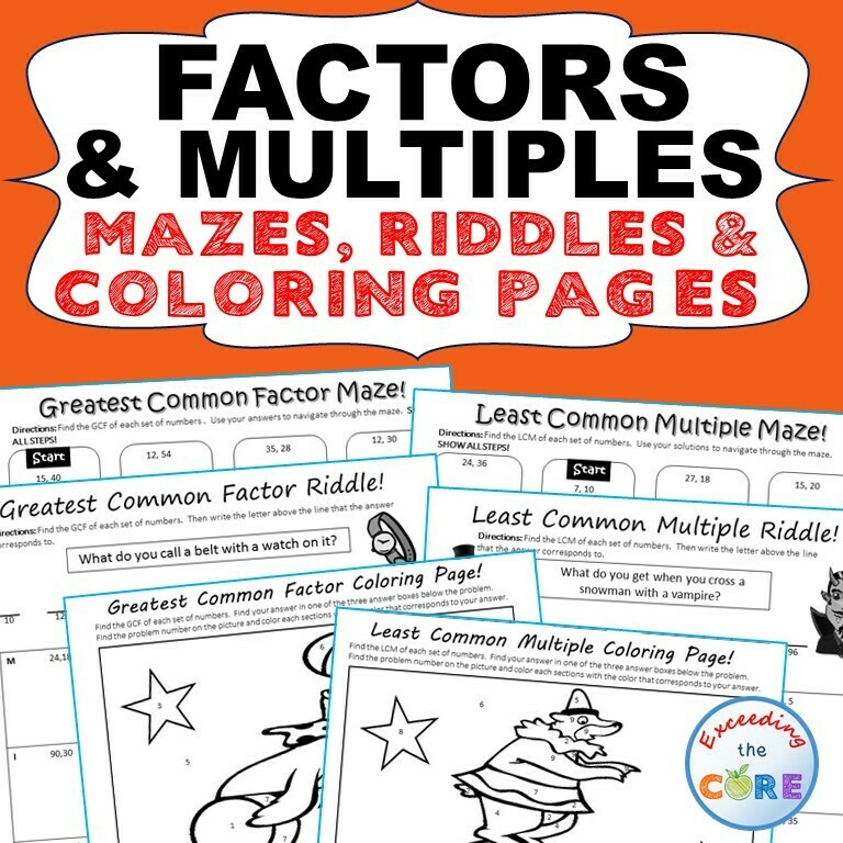 FACTORS & MULTIPLES GCF LCM Mazes, Riddles Coloring Page by Number Math