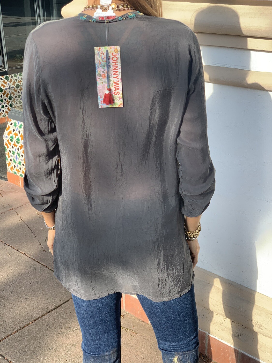 Johnny Was Gray Embroidered Button Down Blouse