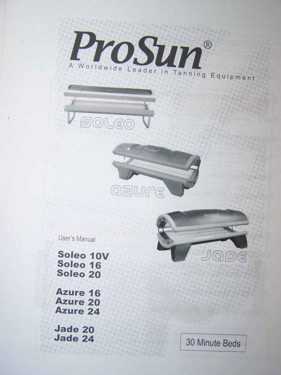 ProSun Tanning Bed Manual Jade Azure Soleo PRINTED Manual Pro Sun