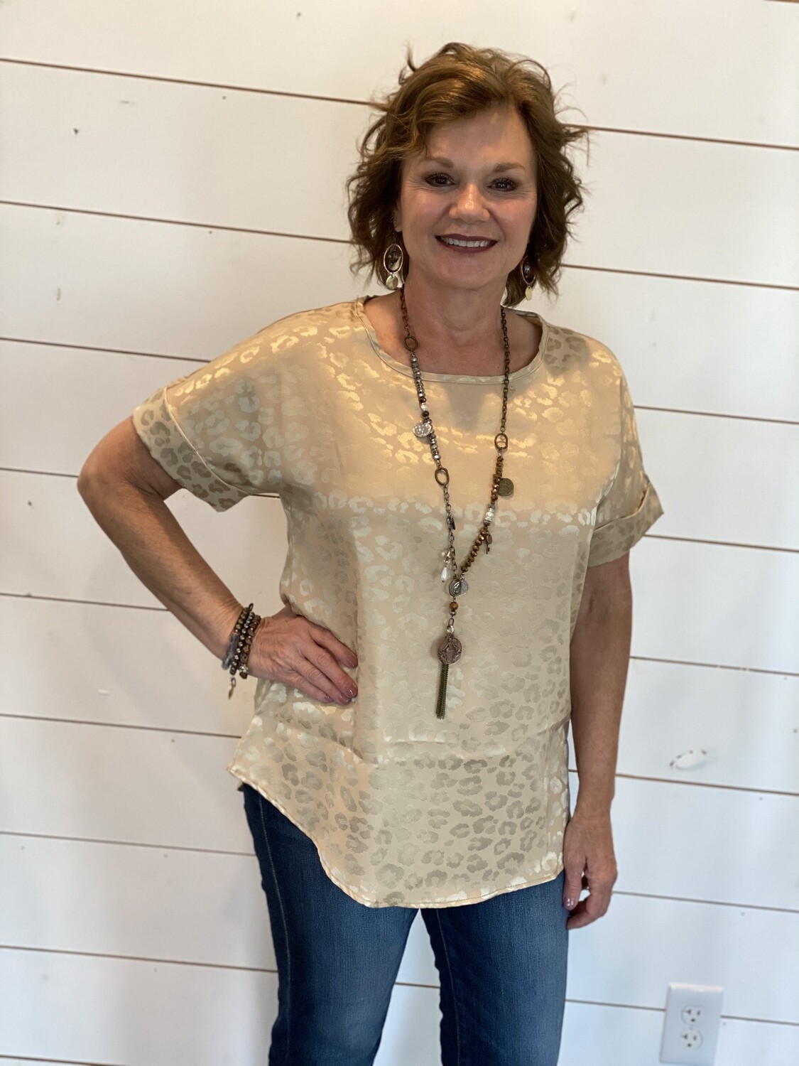 Taupe Satin Leopard Blouse