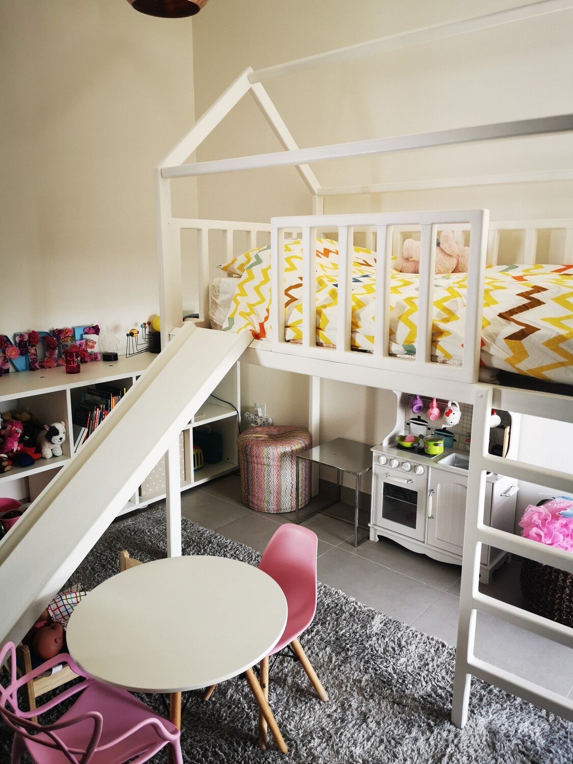 Wooden Loft Bunk Bed With Play Area and Slide