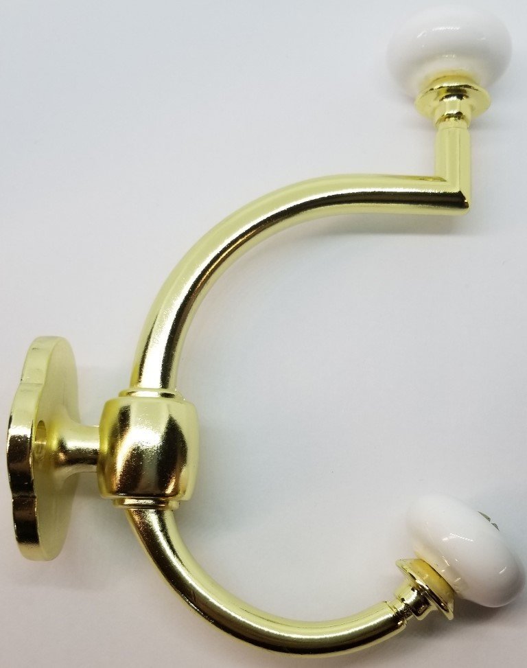 Bright Brass Double Front Mount Coat Hook Porcelain Knobs old classic
