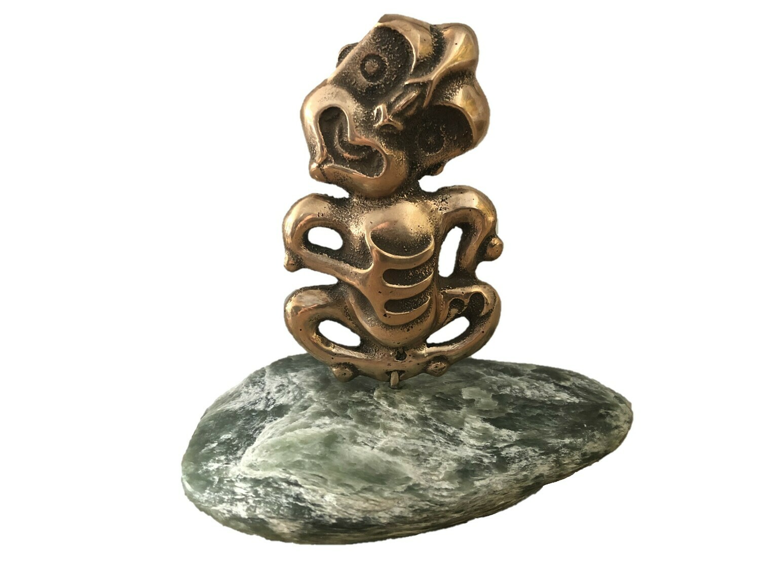 Greenstone Tiki Bronze sculpture on Genuine water worn Auhunga stone Maitai