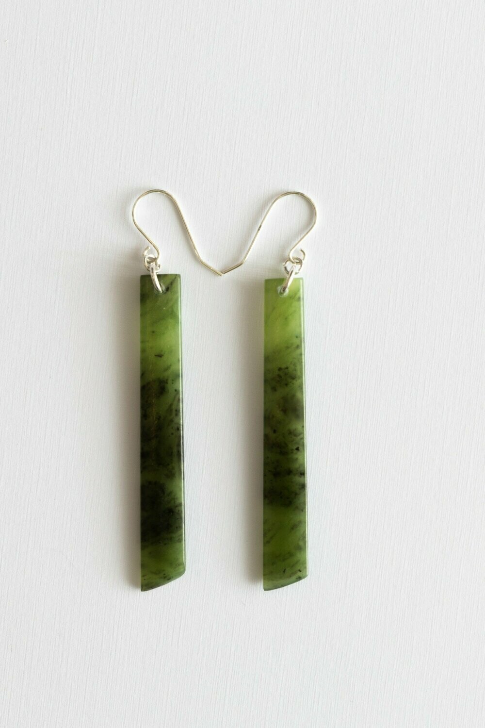 Moko Pounamu NZ Genuine Greenstone and Silver Rectangle Drop Earrings
