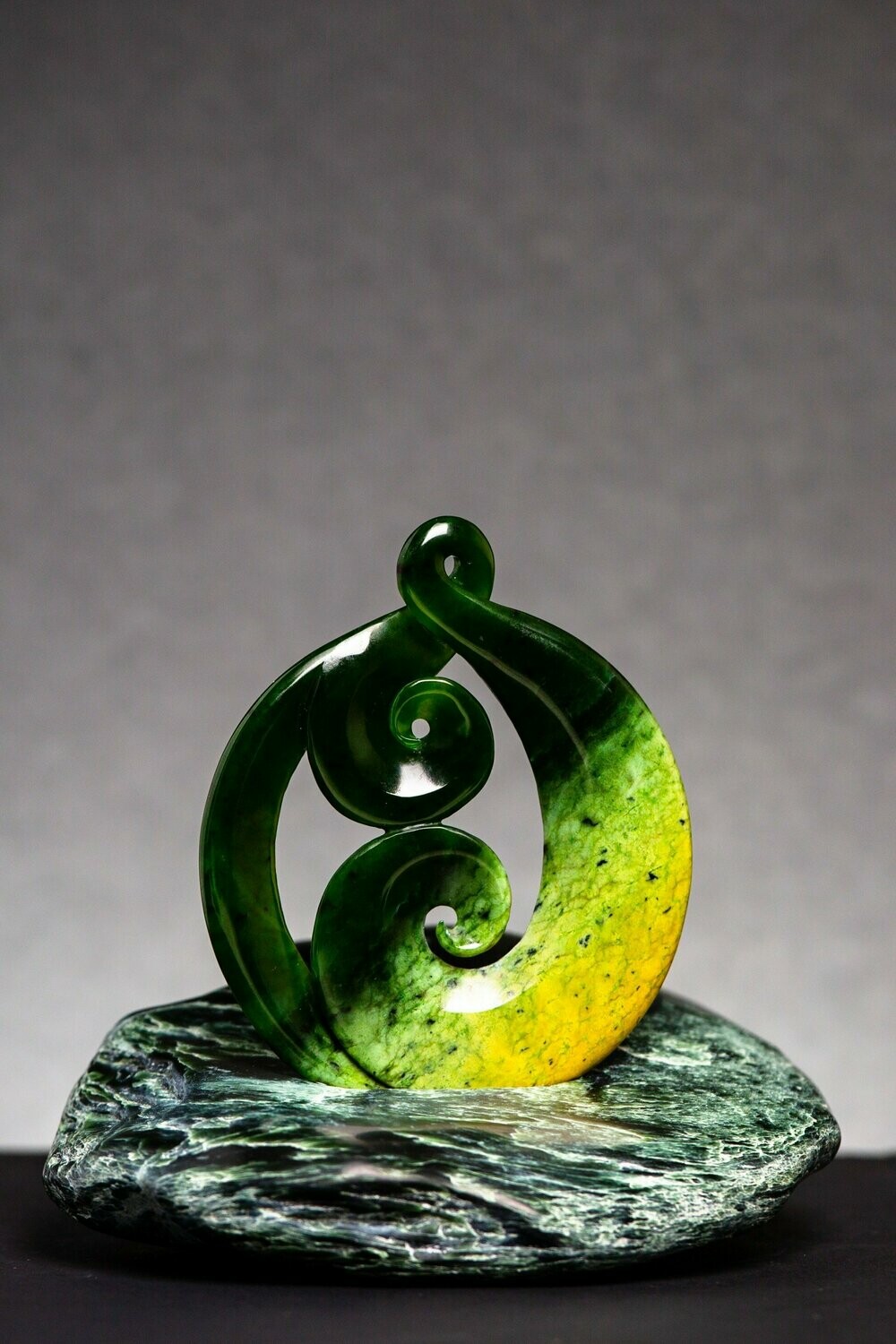 Greenstone Double Koru Sculpture NZ Genuine Kawakawa Flower Jade Arorangi