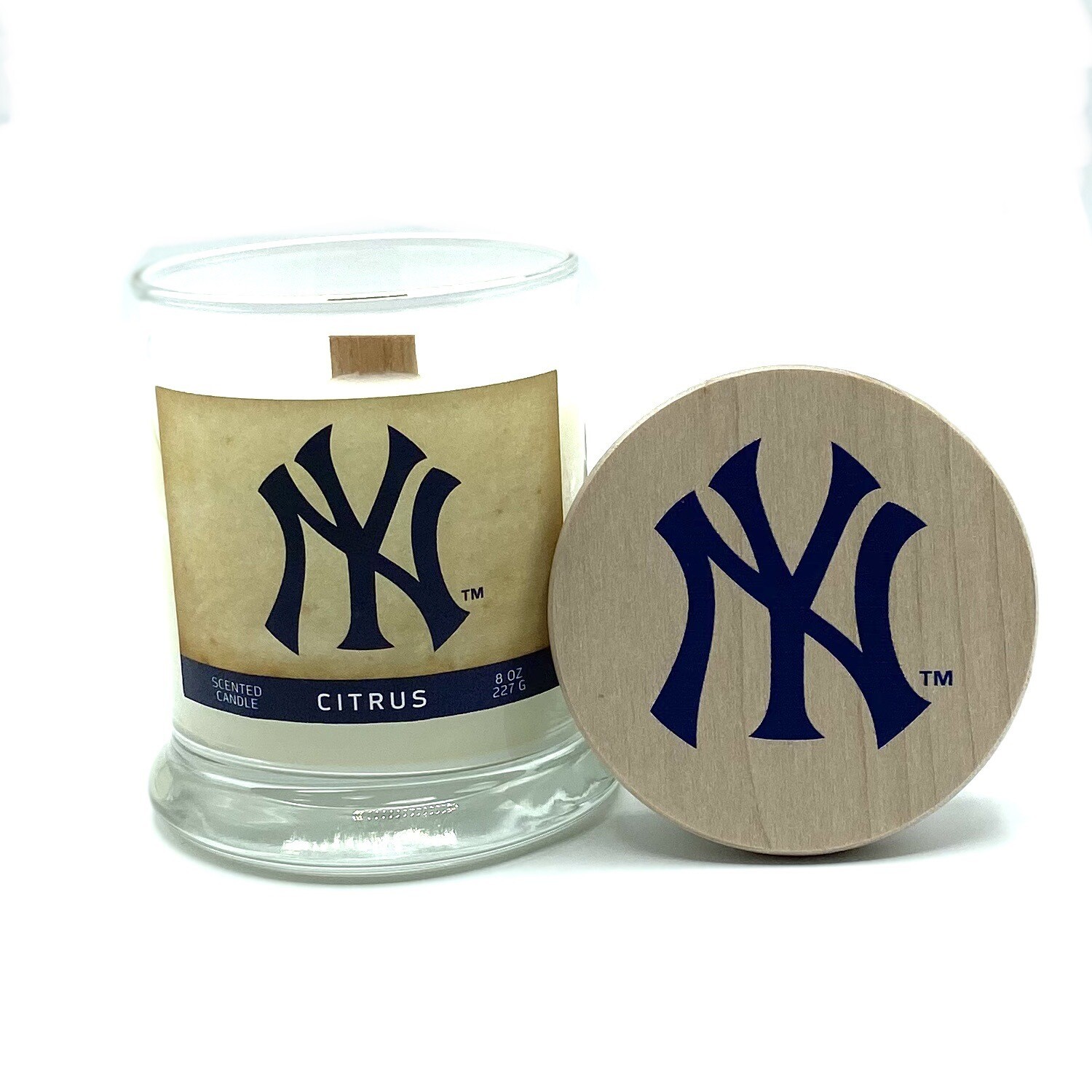 New York Yankees 8 Oz Citrus Scent Soy Wax Wood Wick Candle With Wooden Lid