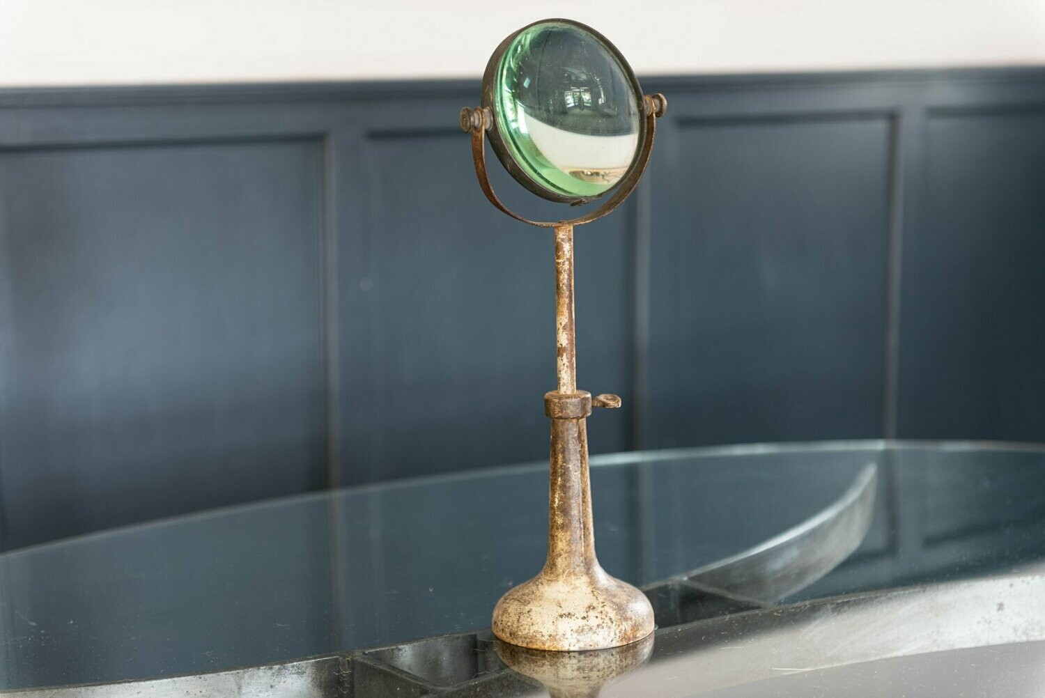 French Laboratory Magnifying Glass on Cast Iron Adjustable Stand