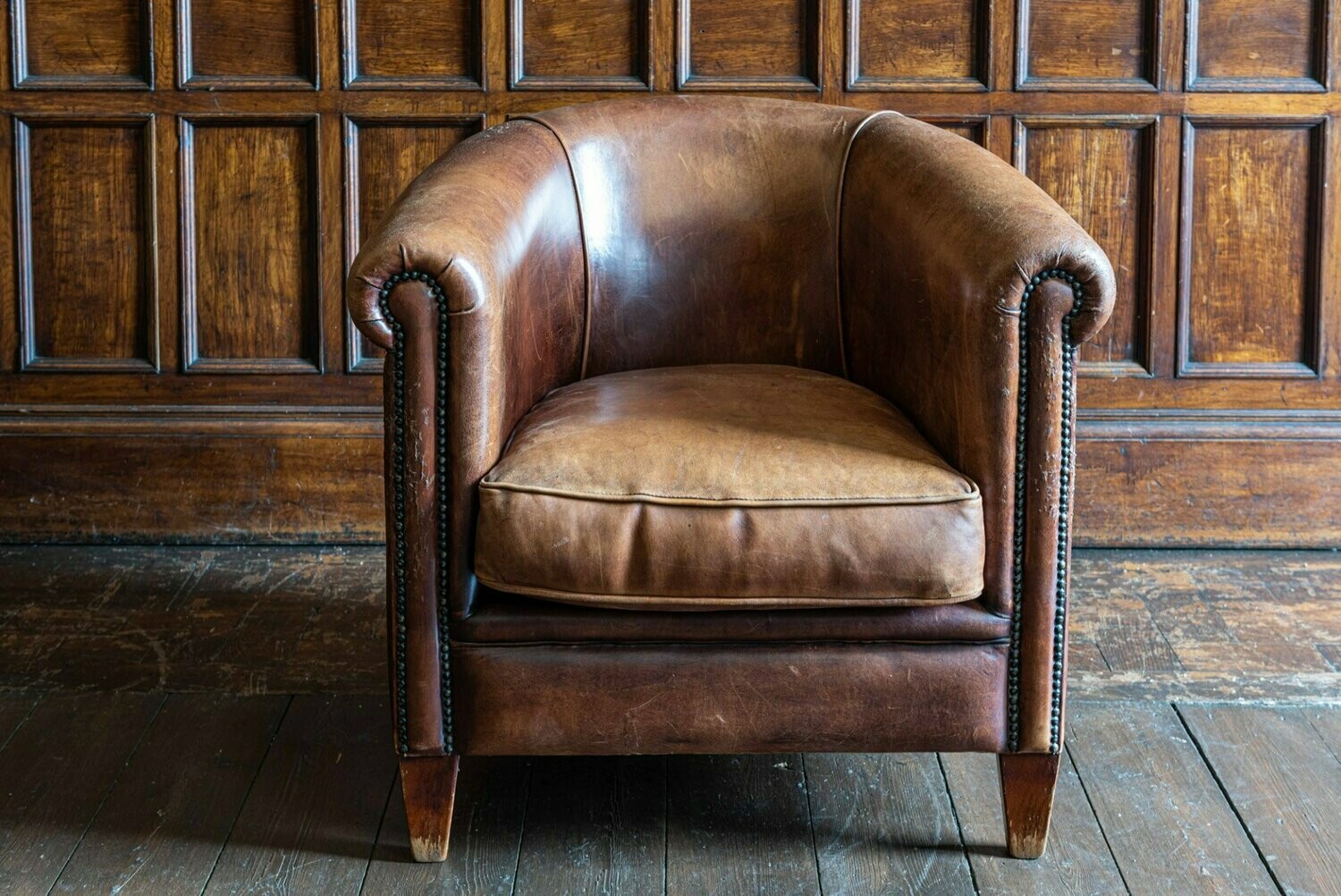 Distressed Dutch Sheepskin Leather Tub Chair