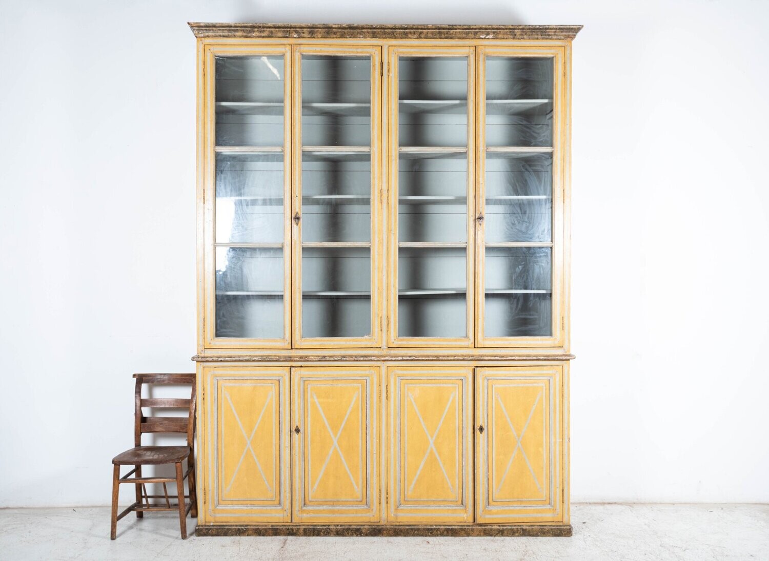 Large 19thC French Painted Pine Glazed Bookcase