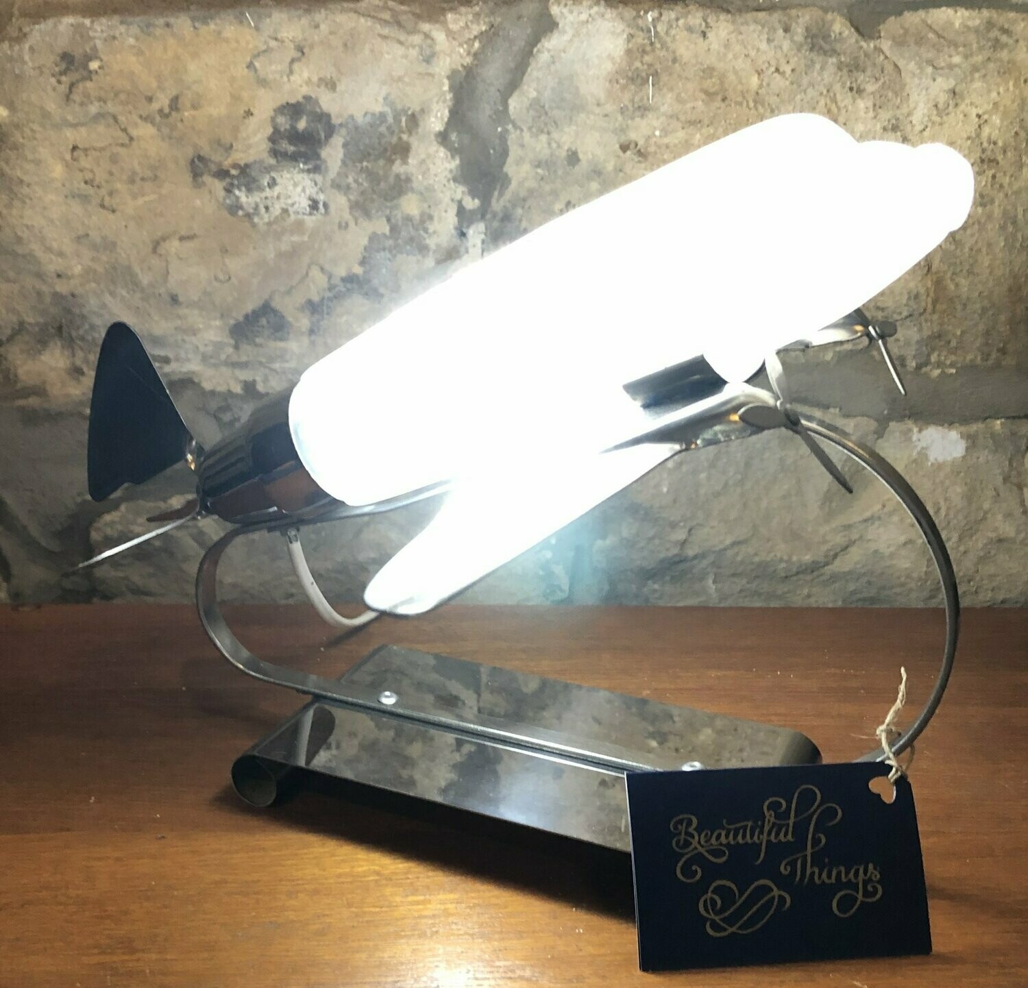Art Deco Style Chrome And Frosted Glass Airplane Design Table Lamp
