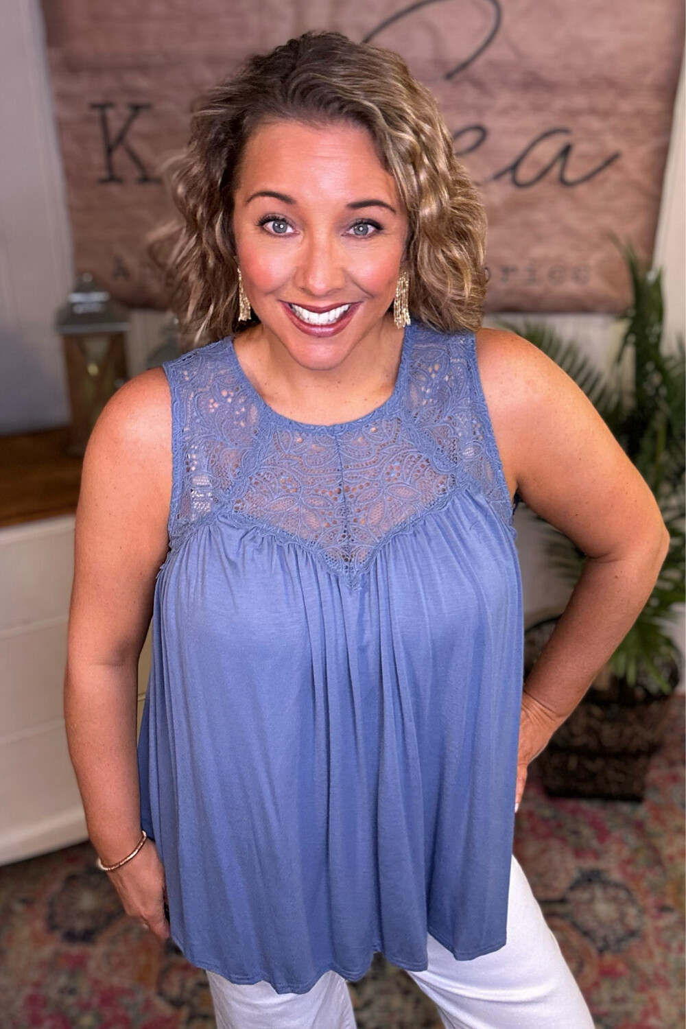 Dusty Blue Lace Flowy Tank