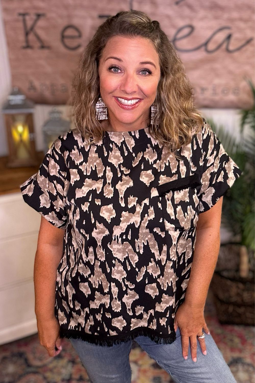 Black Animal Frayed Edge Blouse