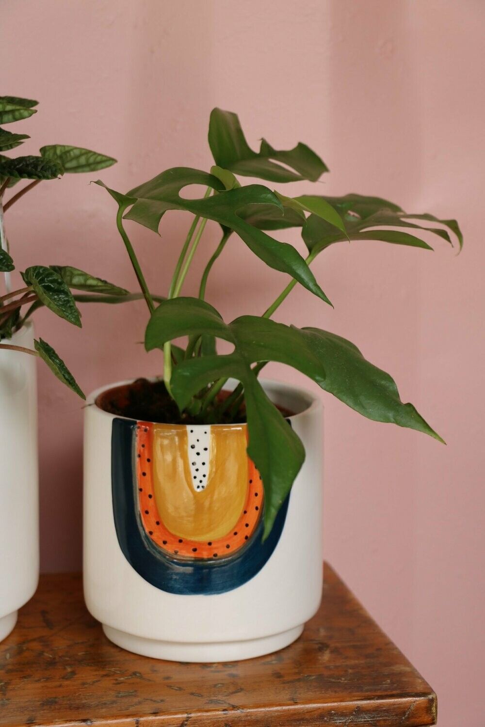 Rainbow planter 14cm (small), blue & terracotta.