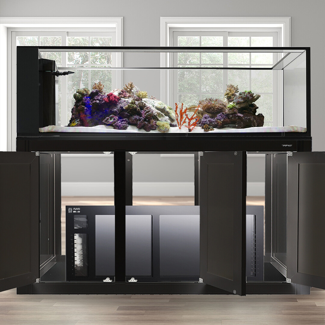 NUVO INT 200 Gallon Peninsula Aquarium + Black APS Stand + RFS Acrylic Reef Sump