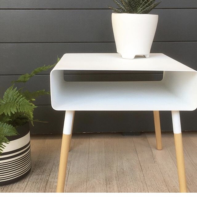 Square Metal & Wood Side Table with Storage Shelf