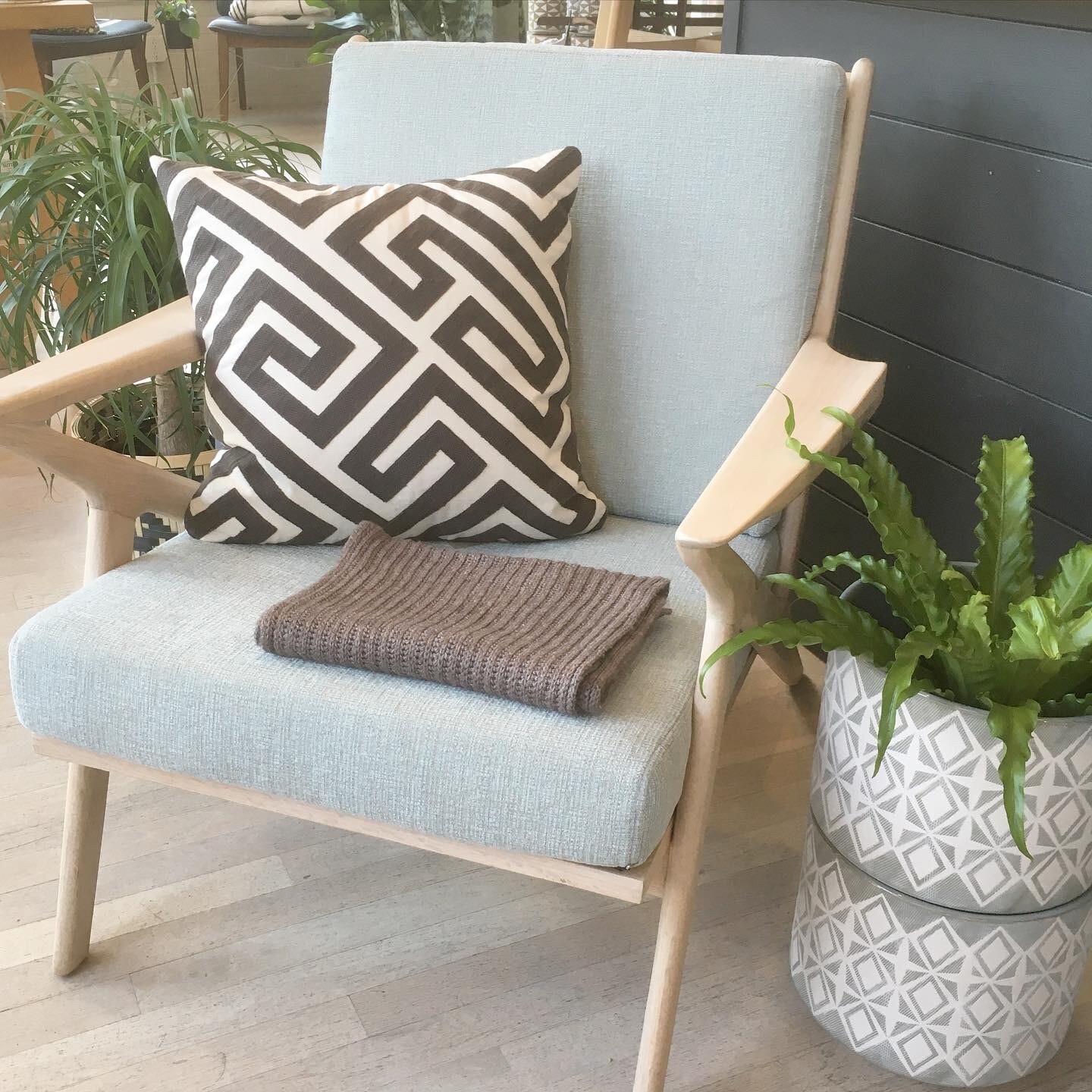 White Oak Wood Chair w/ Blue Cushions