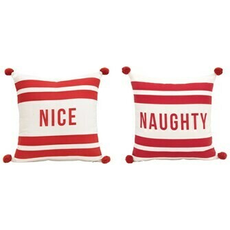 Square Naughty/Nice Pillow w/Poms