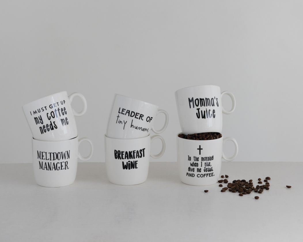 White Mugs With Black Words 6 Styles