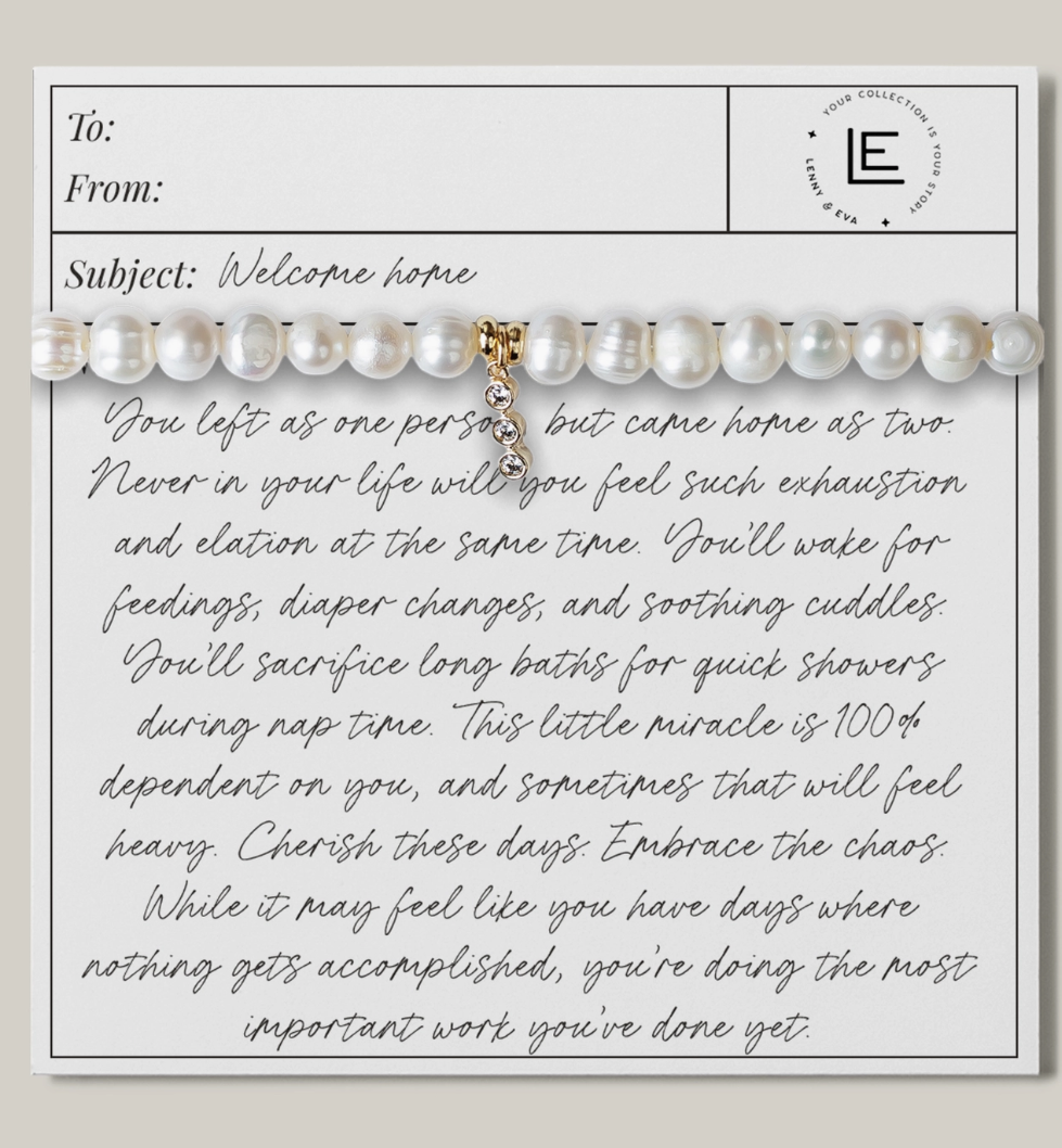 Welcome Home New Mom Pearl Bracelet 3 Diamonds