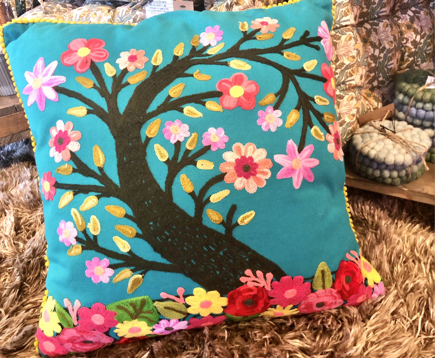 Turquoise w/ Spring Flower Tree Pillow 