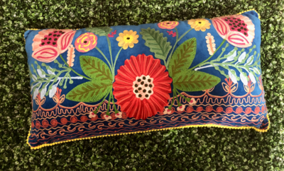 Long Blue Floral Velvet Pillow 