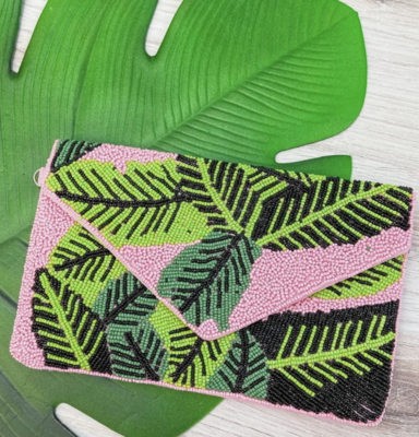Green Palm Leaves Beaded Clutch