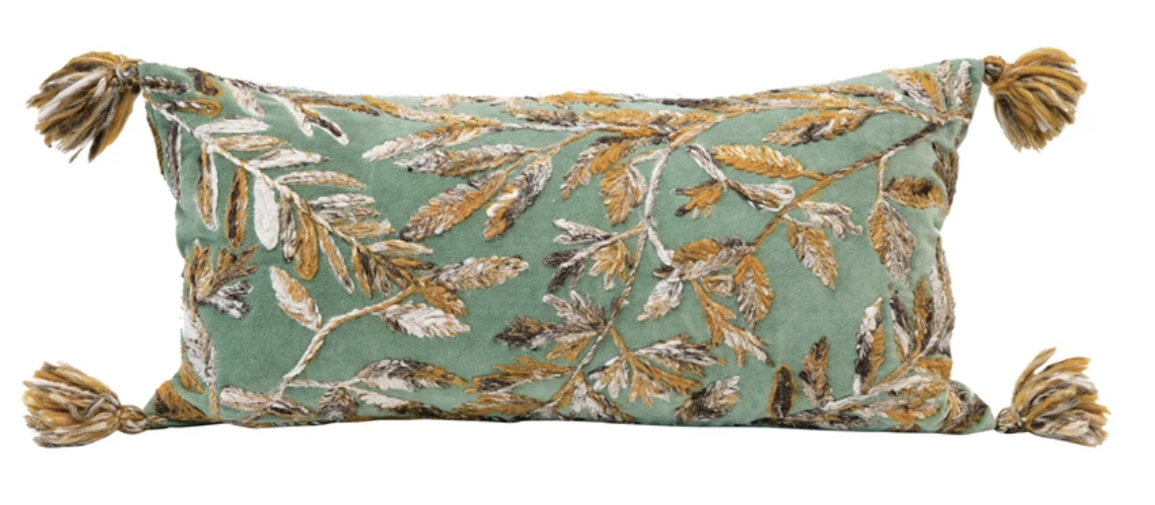 Green and Gold Pillow with Tassels 