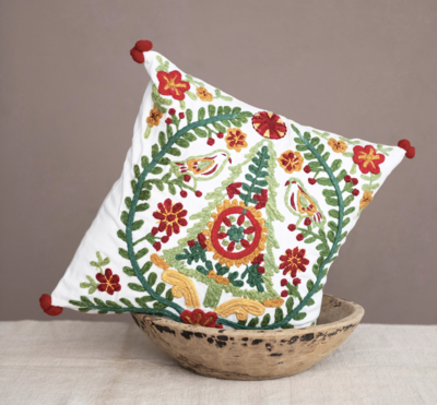 Green Yellow and red Embroidered Christmas Pillow