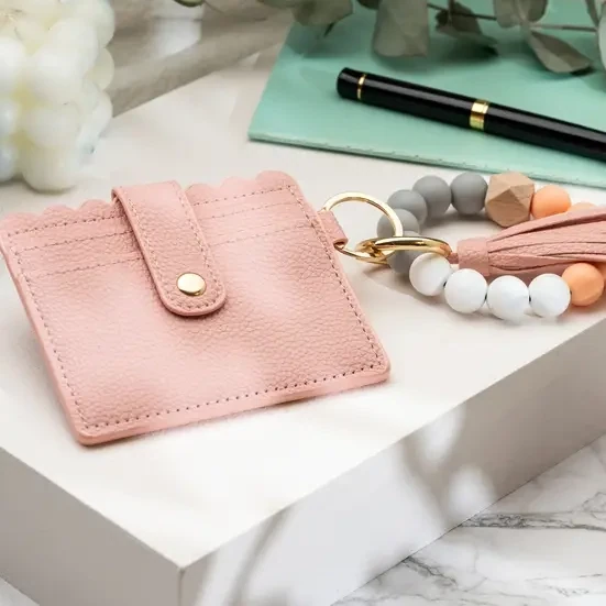 Leather Keychain Wallet with Wristlet Bangle Bracelet - Rose Gold