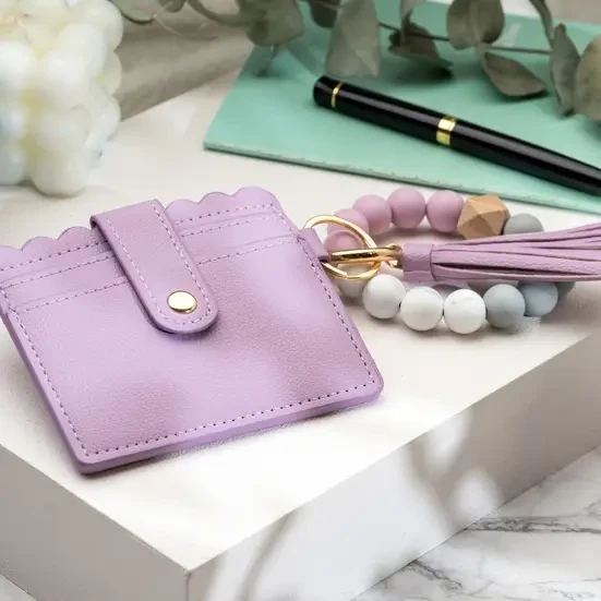Leather Keychain Wallet with Wristlet Bangle Bracelet - Lilac