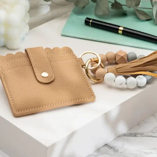 Leather Keychain Wallet with Wristlet Bangle Bracelet - Caramel