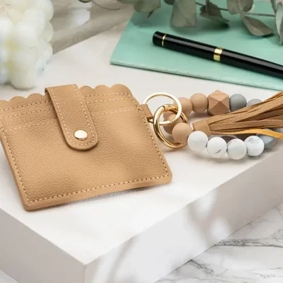 Leather Keychain Wallet with Wristlet Bangle Bracelet - Caramel