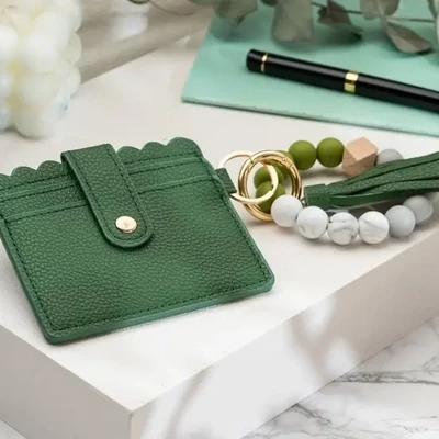 Leather Keychain Wallet with Wristlet Bangle Bracelet - Green