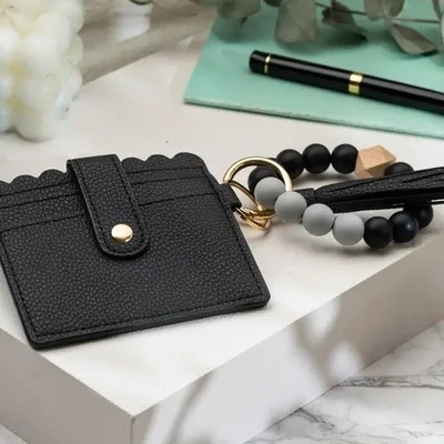 Leather Keychain Wallet with Wristlet Bangle Bracelet - Black