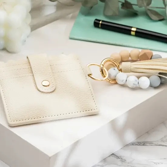 Leather Keychain Wallet with Wristlet Bangle Bracelet - Light Cream