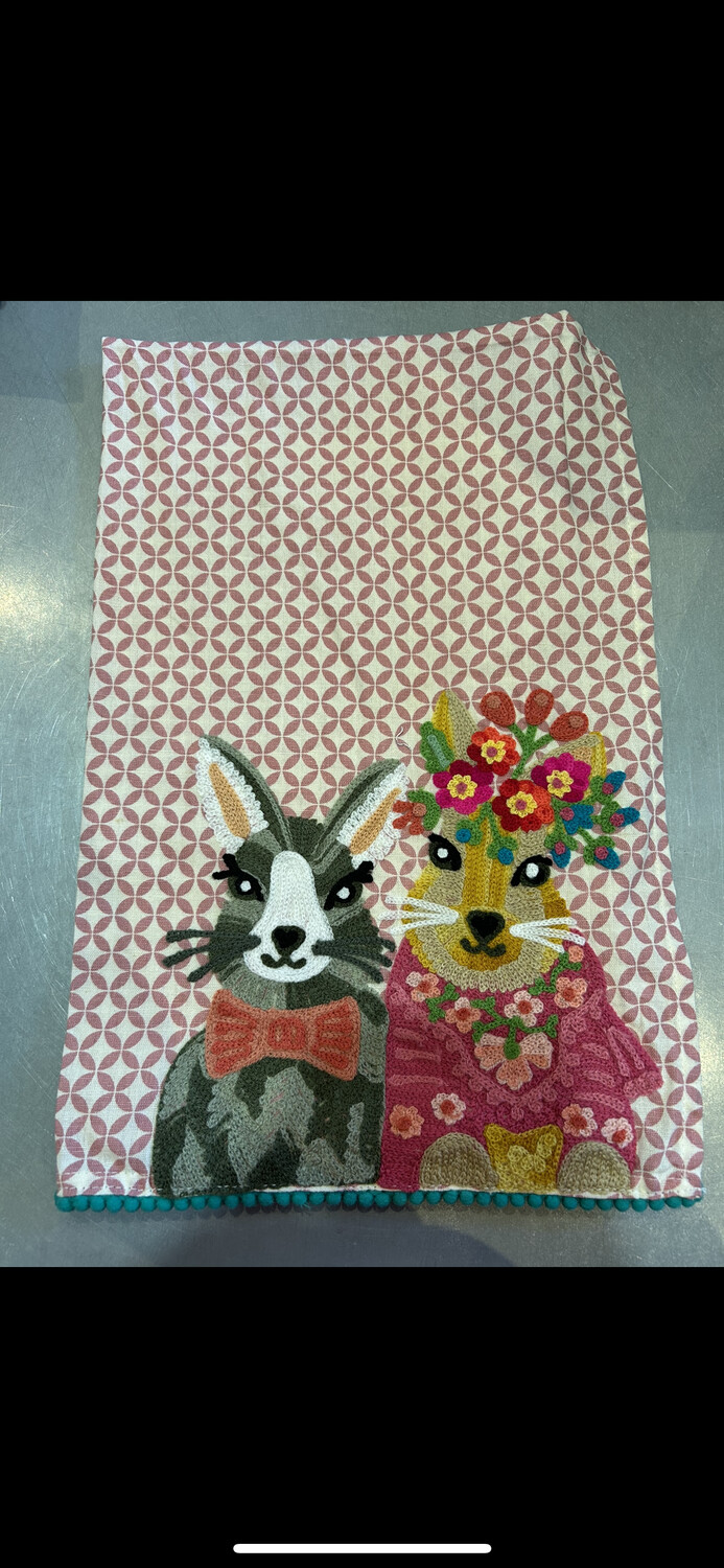 Pink Rabbit tea towel