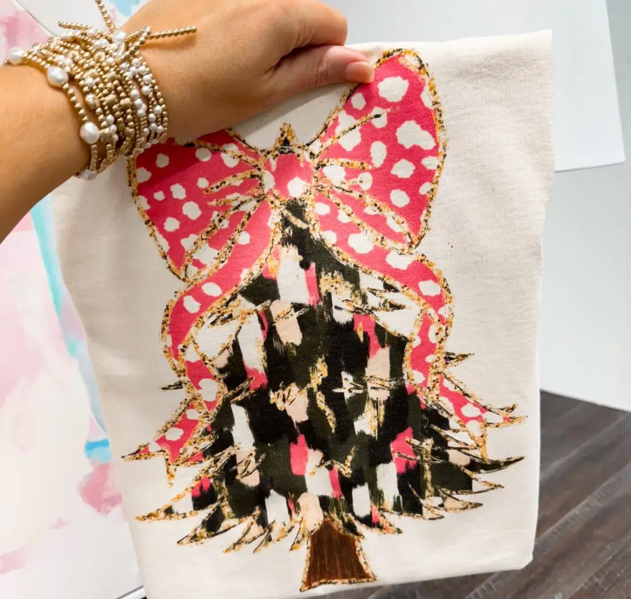 Pink Brush Strokes Christmas Tee- Medium