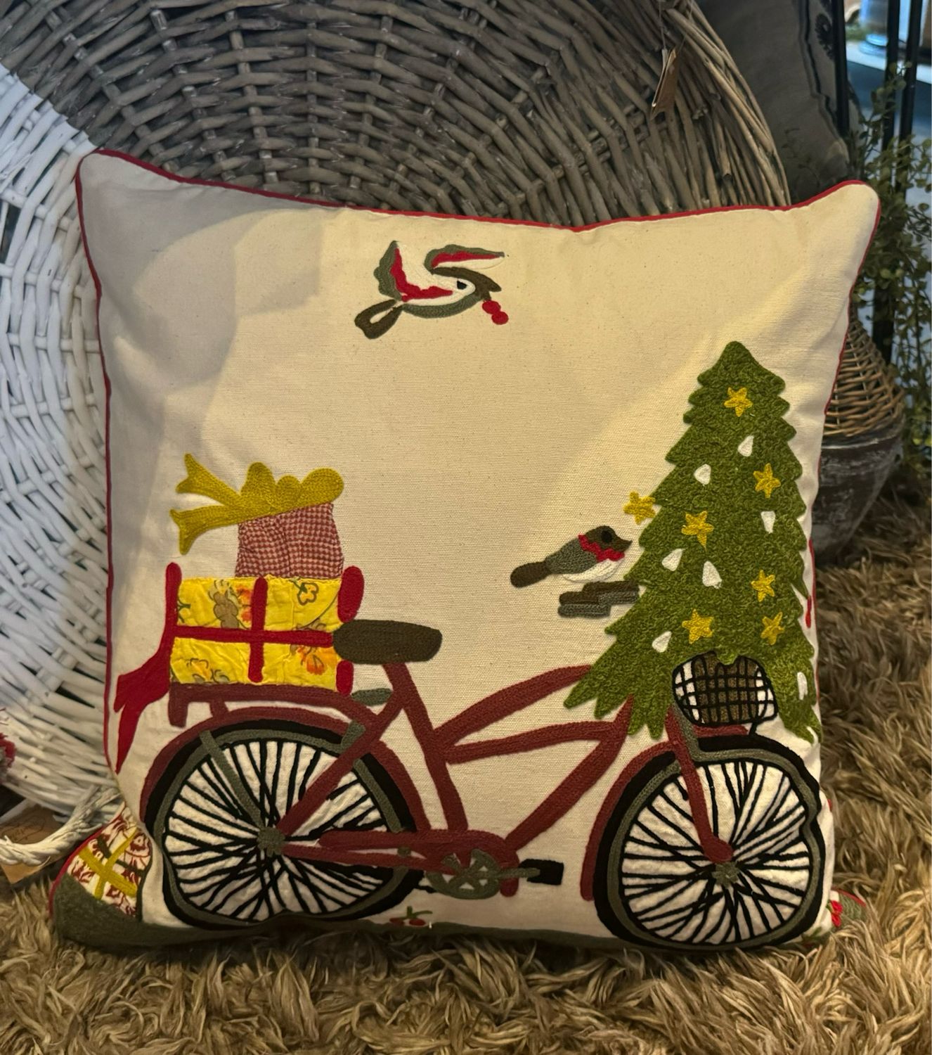 Christmas bike with birds embroidered pillow