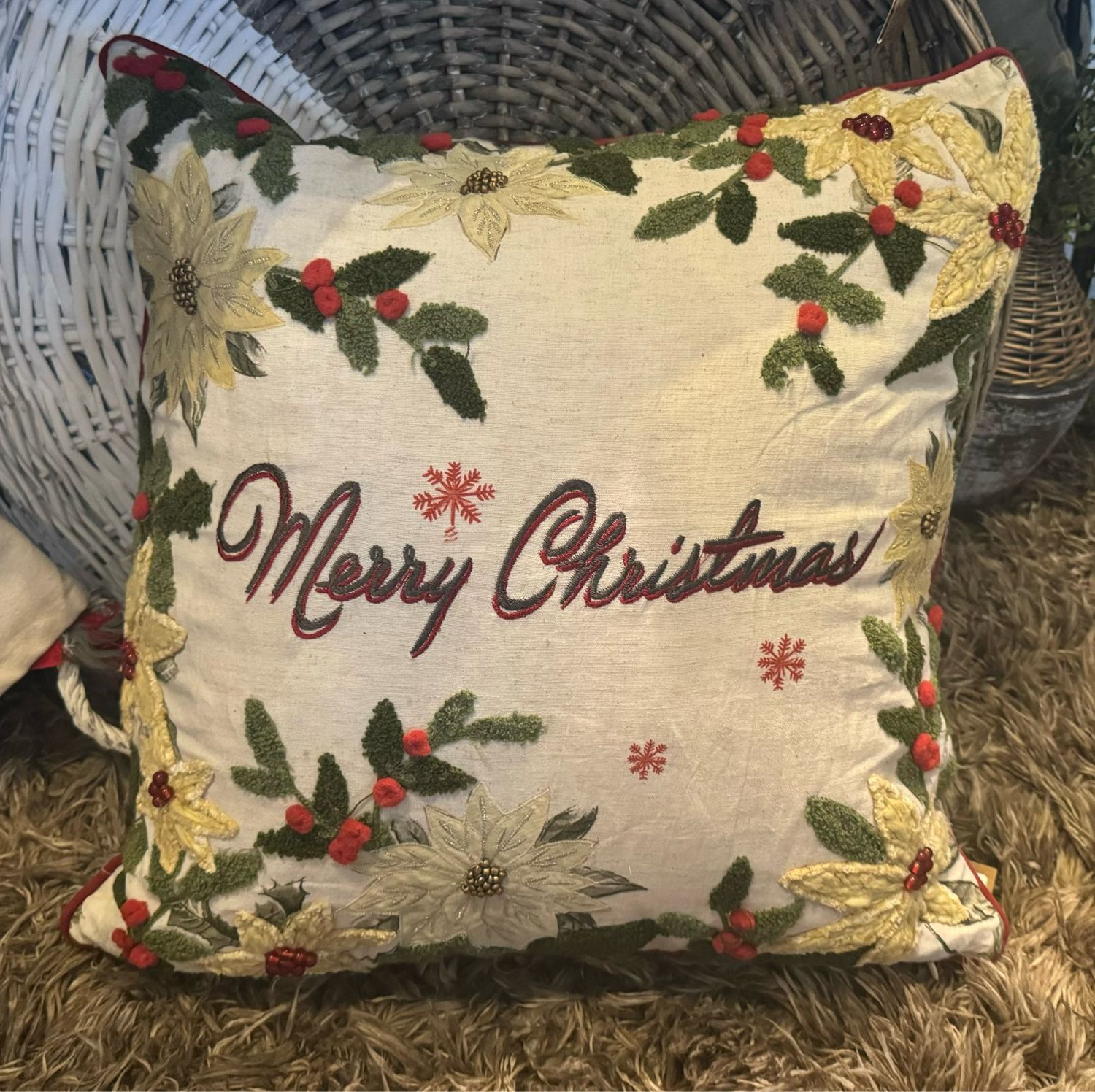 Merry Christmas Holly Floral Pillow