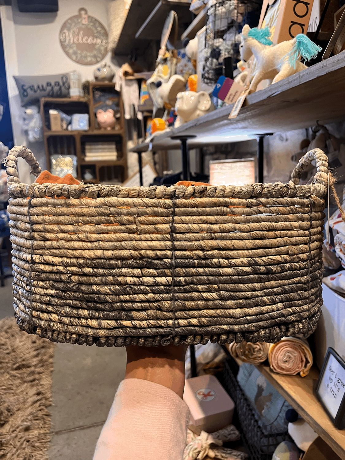 Gray oblong wicker basket large