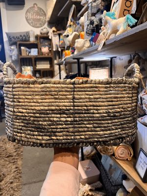 Gray oblong wicker basket large