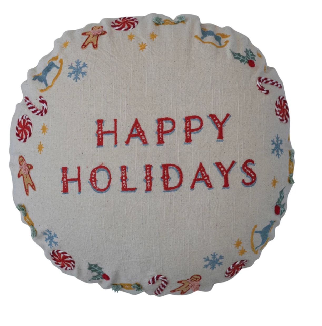 Embroidered Circle Happy Holidays Pillow