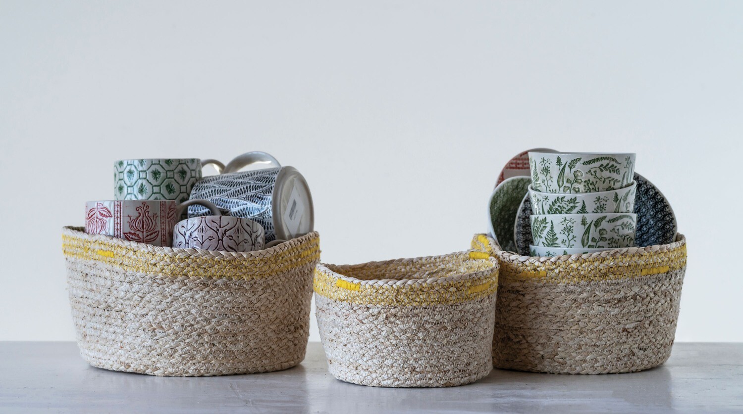 Maize Baskets with Yellow Stitching (Set of 3 Sizes)