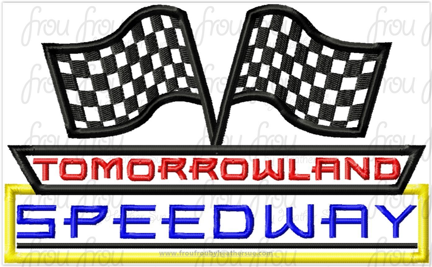 Tomorrow World Speedway Logo Race Cars Ride Machine Applique Embroidery Design, Multiple Sizes