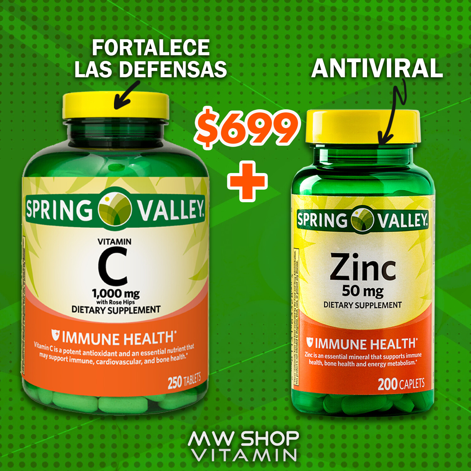 Combo Vitamina C + Zinc (Vitamina C 1,000mg 250tabs + Zinc 50mg 200caps)