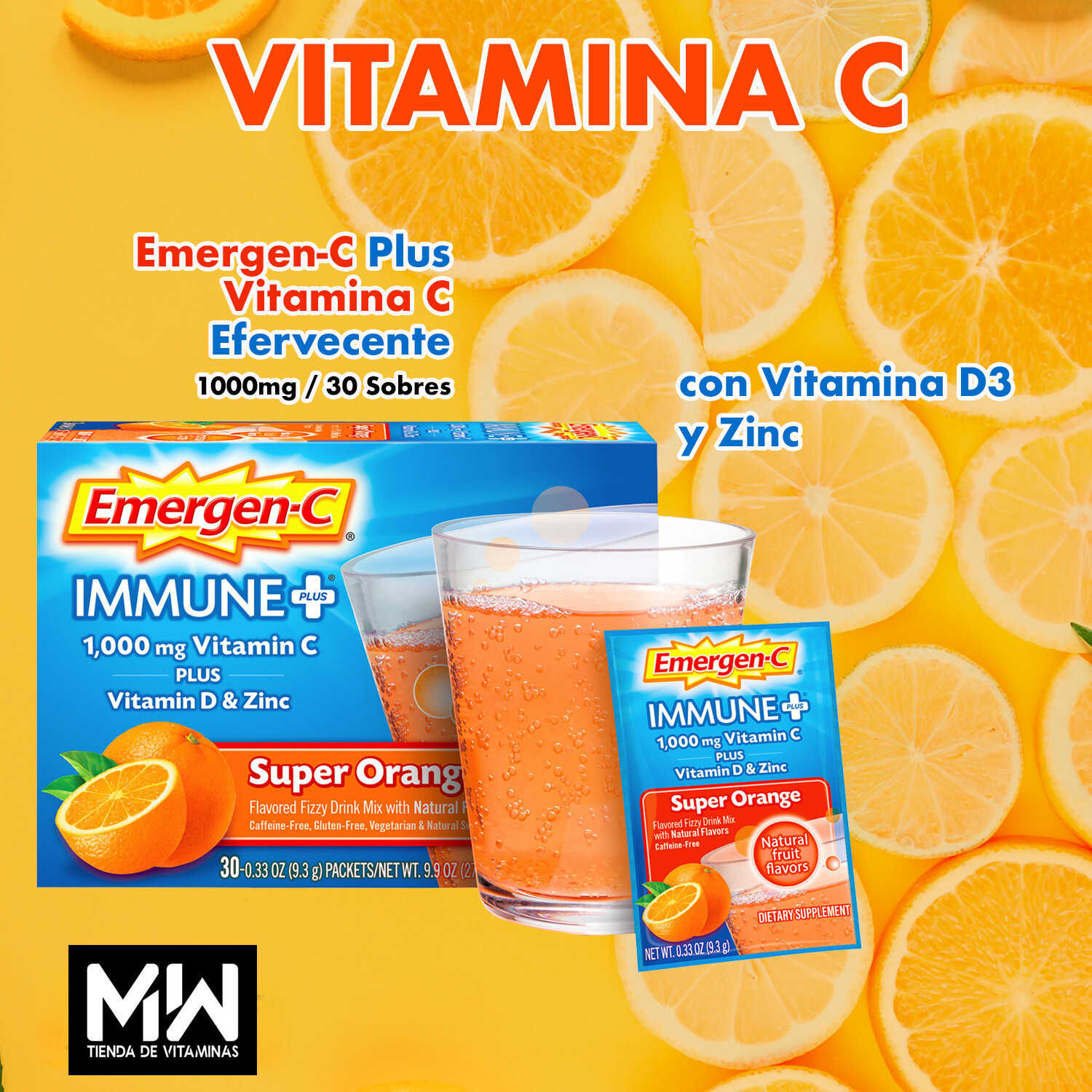 EmergenC Plus Efervecente + Vitamina D y Zinc / EmergenC Plus 1,000mg, 30 sobres