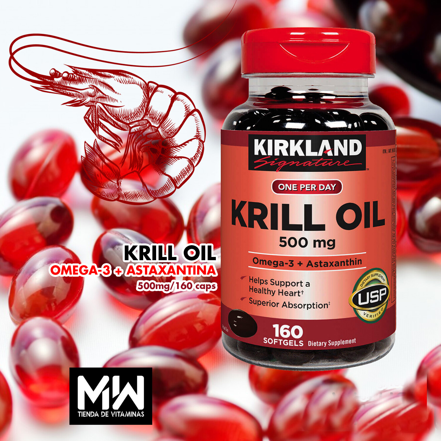 Aceite De Krill / Krill oil 500 mg. (Omega3 & Astaxantin) 160 Caps.