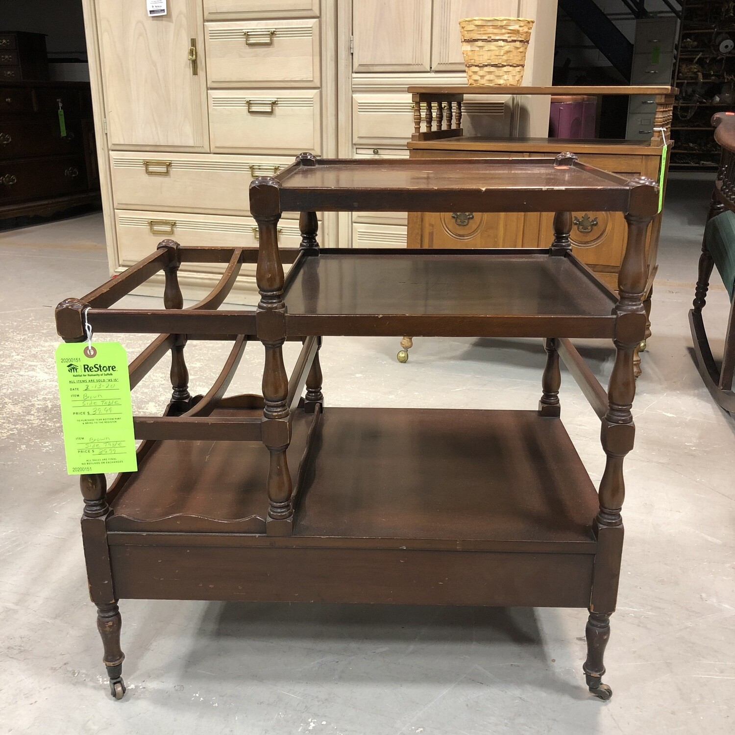 Vintage Wooden Side Table on Casters