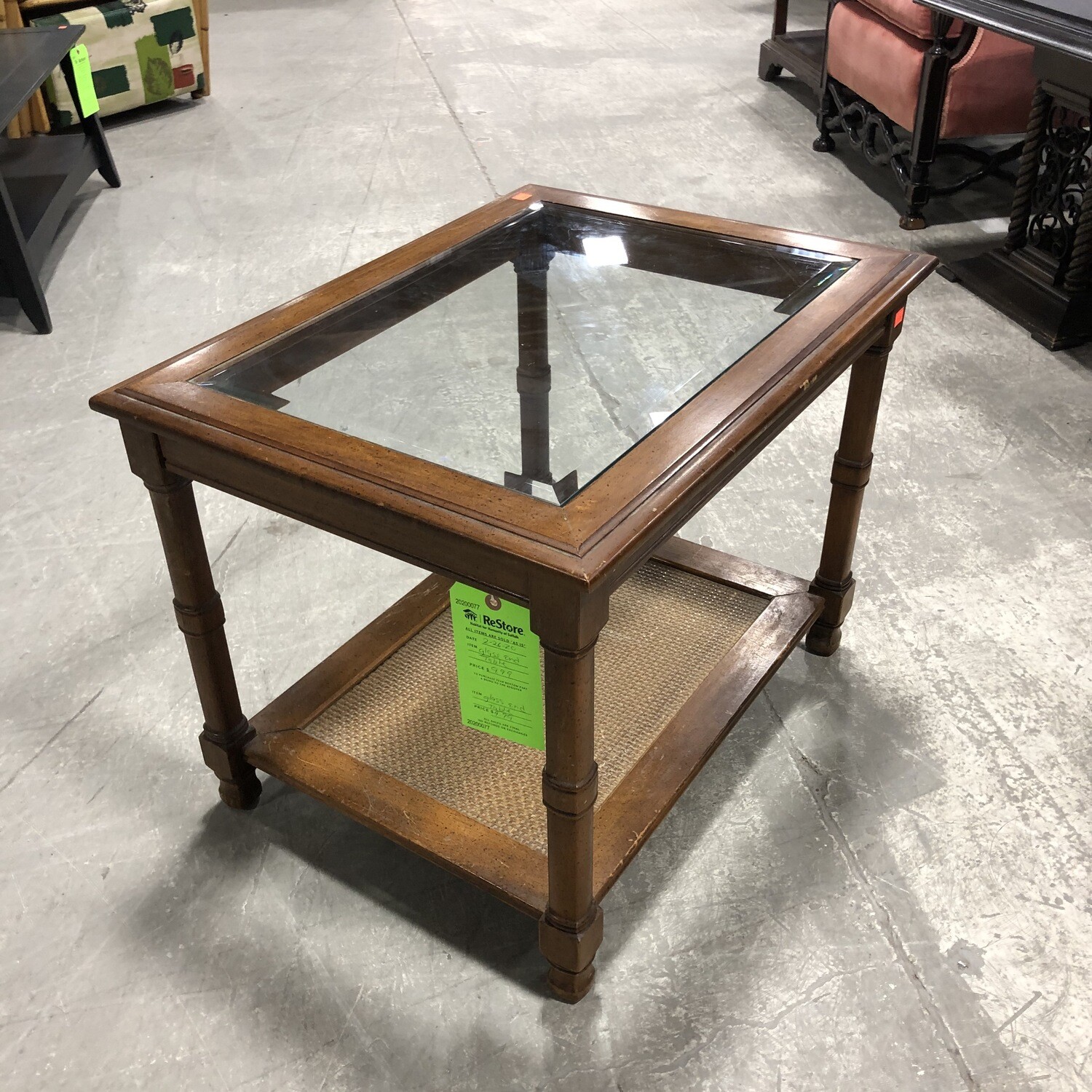 Vintage Wooden End Table with Glass Top